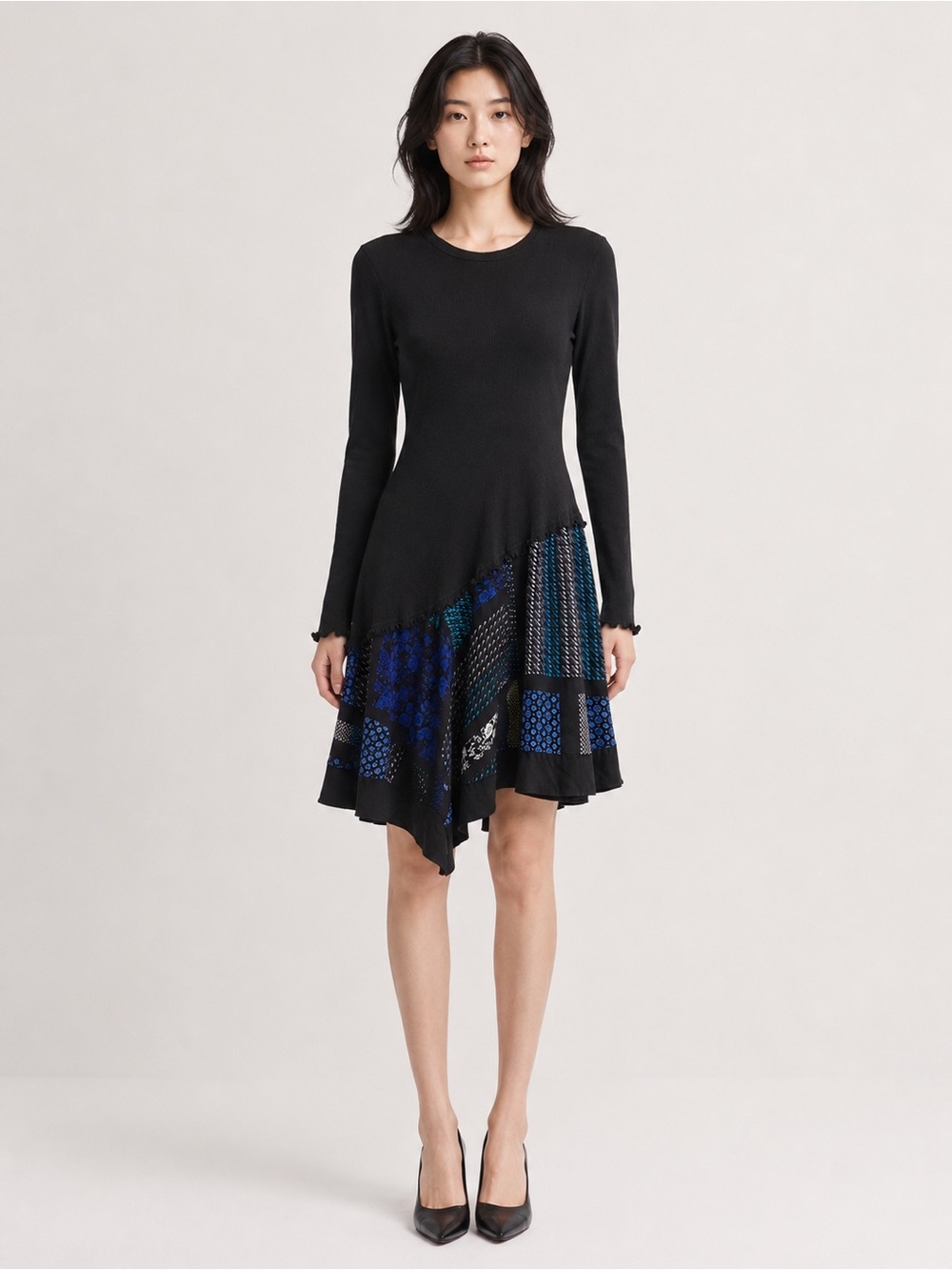 Derek Lam Black Midi Dress with Blue Patchwork Skirt